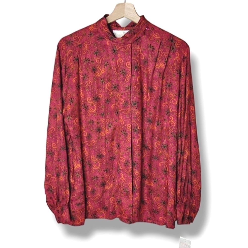 Pendleton Sophisticates Blouse 8 Long Sleeve Red Gold Lightweight Rayon NWT